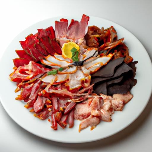 Một đĩa các loại thịt và cá khô đa dạng