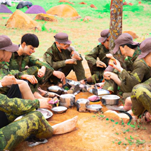 Một nhóm binh sĩ ăn lương khô quân đội 900 trên chiến trường