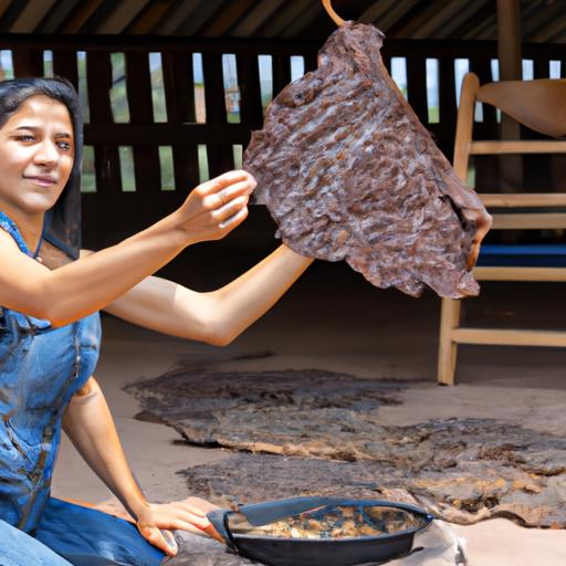 Người phụ nữ đang chế biến thịt bò khô theo phương pháp truyền thống.