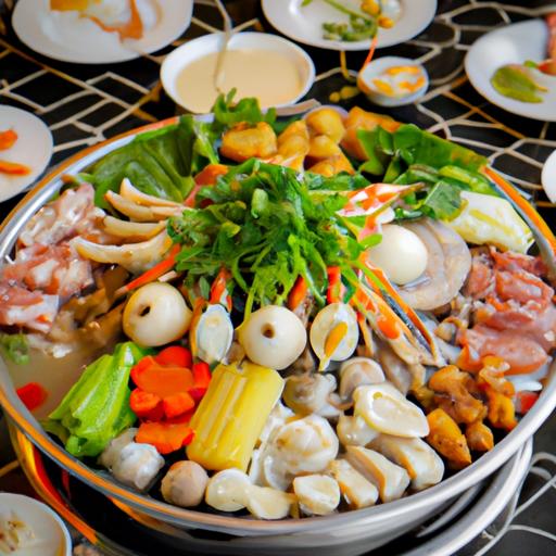 Lẩu tôm khô Việt Nam truyền thống với đa dạng rau củ và thịt