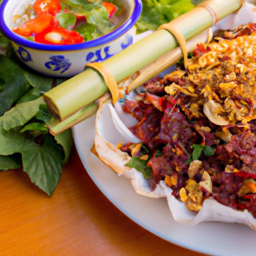 Món ăn truyền thống Việt Nam được làm từ thịt bò khô, các loại rau thơm và gia vị.