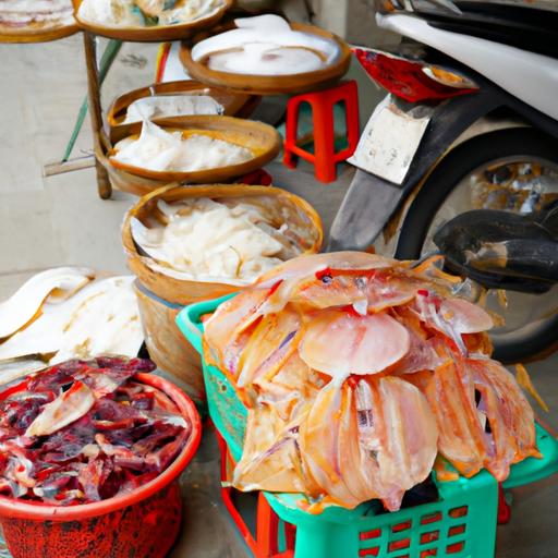 Người bán hàng rong bày bán nhiều loại hải sản khô, bao gồm mực khô Hải Châu