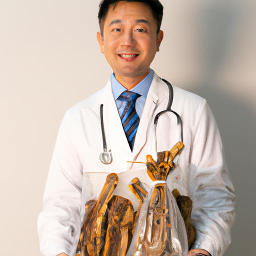 Người hành nghề y học Trung Quốc cầm túi lương khô tiếng Trung
