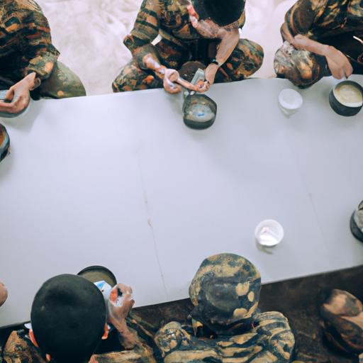 Một nhóm lính đang ăn lương khô bộ đội trong giờ nghỉ.