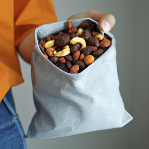 Túi hạt hỗn hợp có chứa lương khô ca cao rất giàu dinh dưỡng được cầm trên tay người.